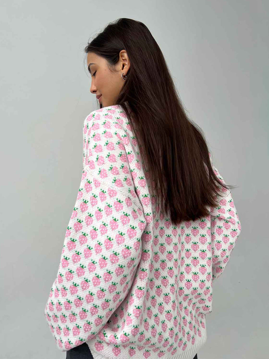 Alodie Strawberry Jacquard Crew Neck Sweater