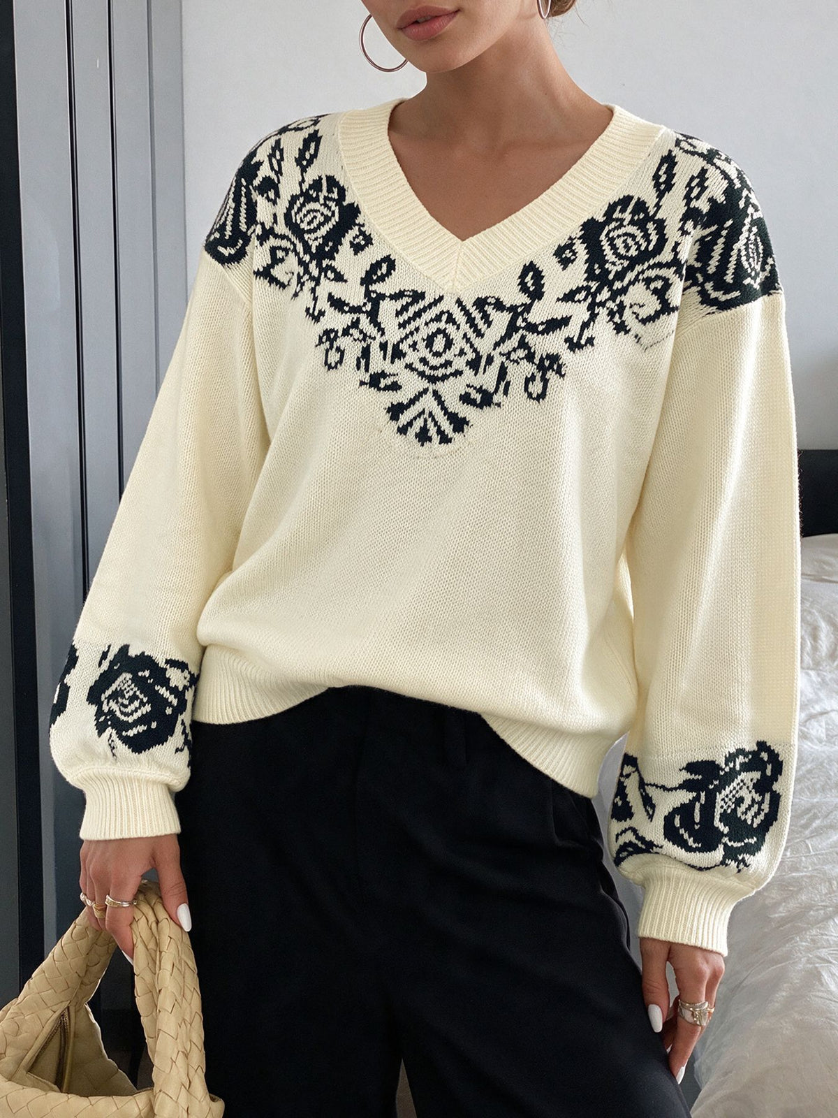 Enid Rose Jacquard V-Neck Knit Sweater