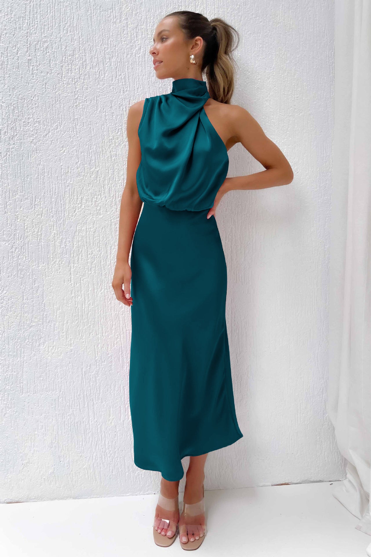 Elara Draped Satin Midi Dress