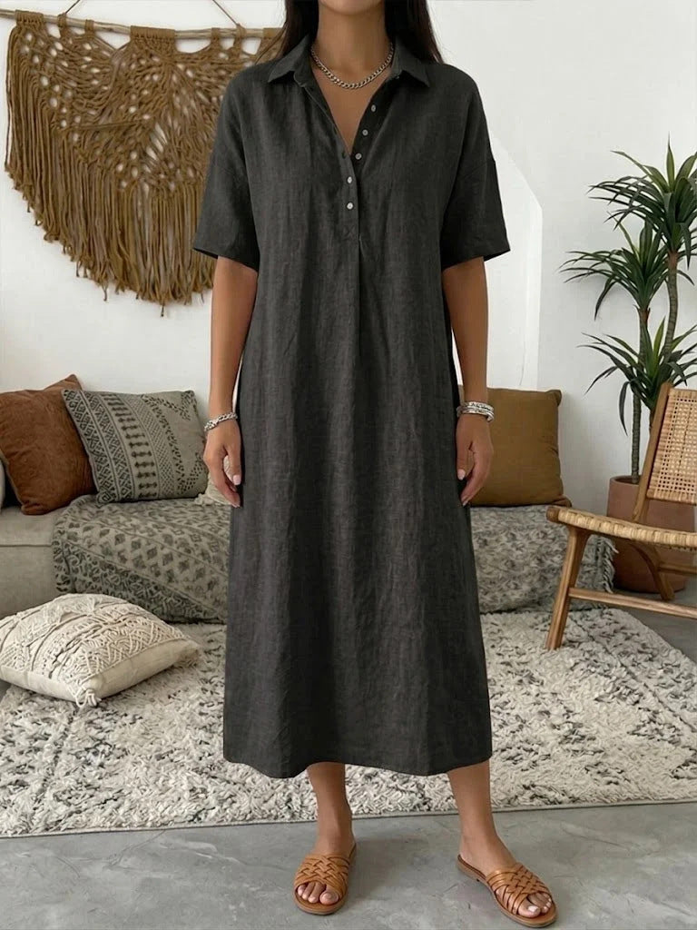 Margo & Main – Fenna black collared linen shirt midi dress, full-length front view in a boho living room, US women's sizes