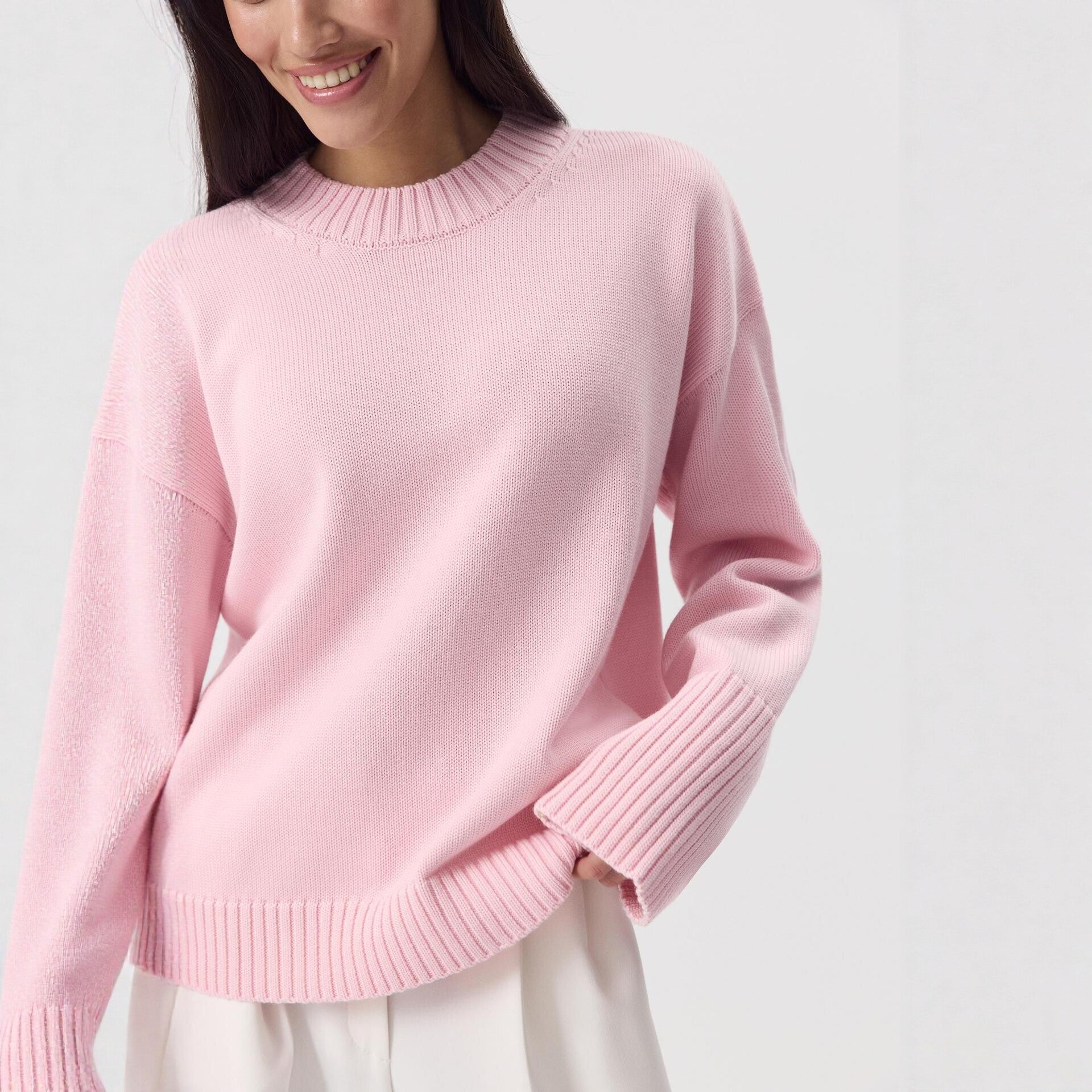 Margo & Main – cotton crew neck drop shoulder sweater, back view, US women's sizes