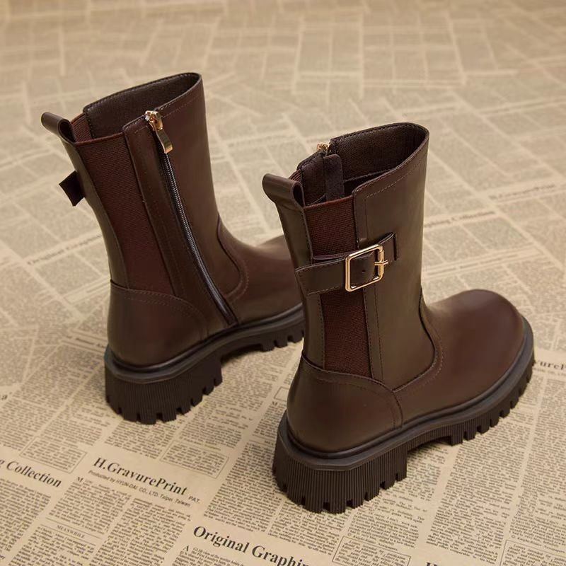 Vera Buckle Side-Zip Lug Sole Leather Chelsea Boots