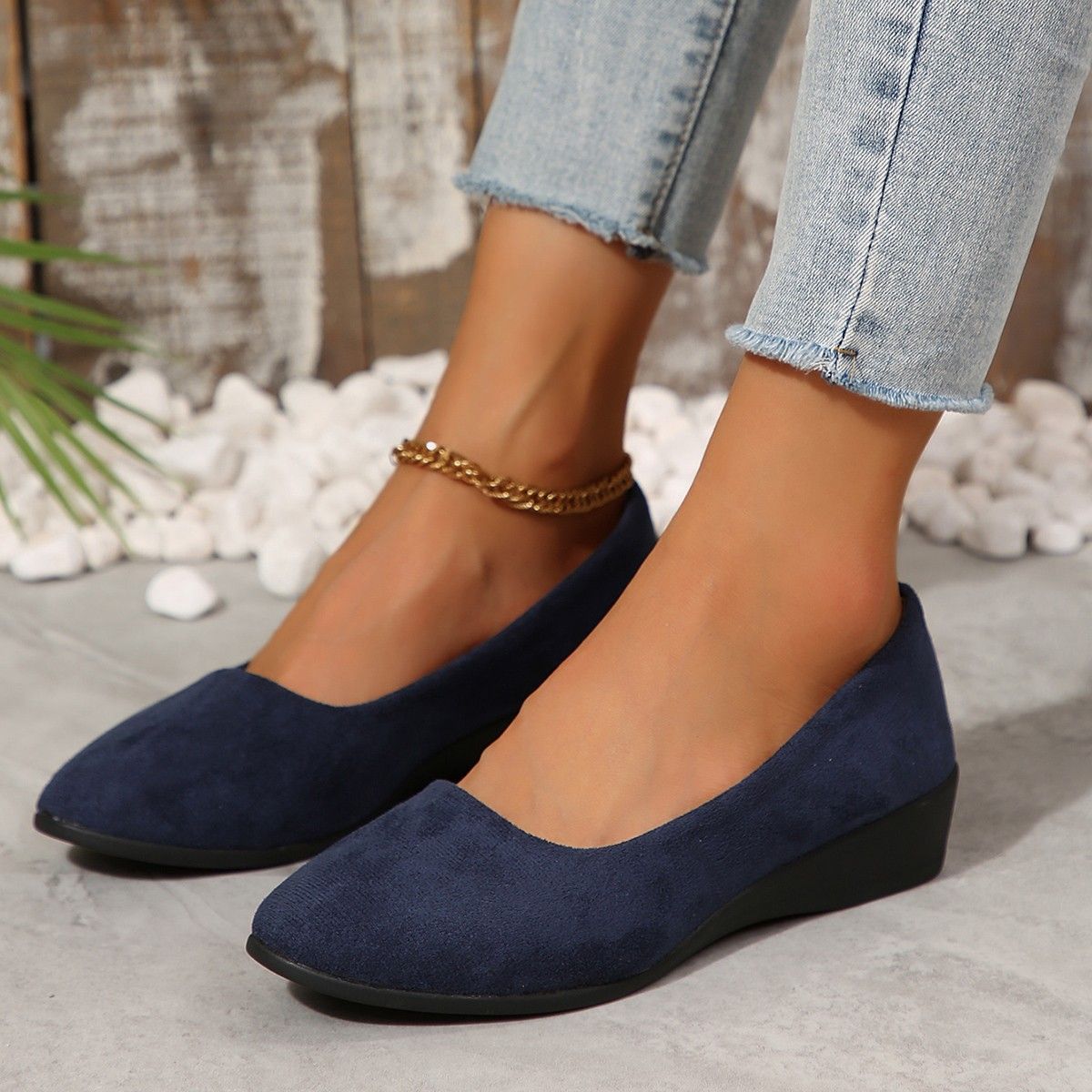 Margo & Main - suede pointed-toe wedge flats angled pair on gravel, US women's sizes