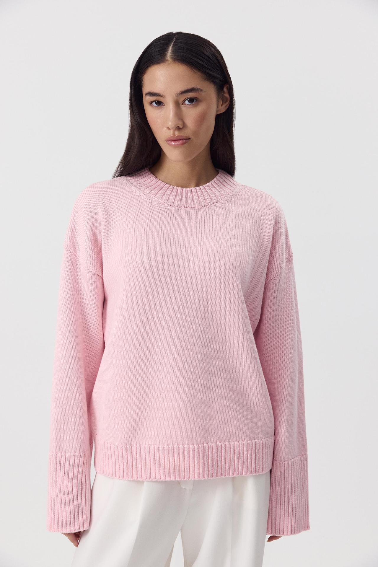Margo & Main – cotton crew neck drop shoulder sweater, front view, US women's sizes