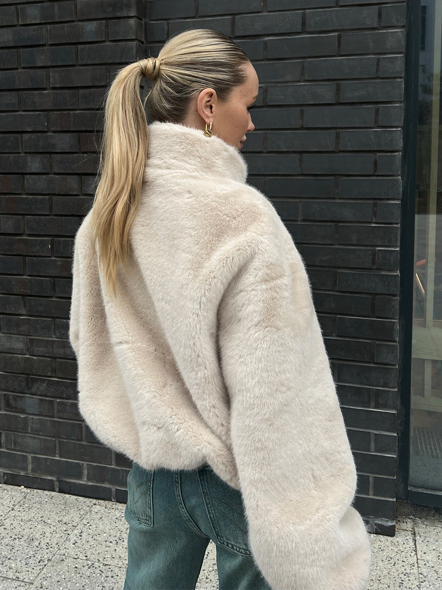 Essie Cropped Faux Fur Stand Collar Jacket