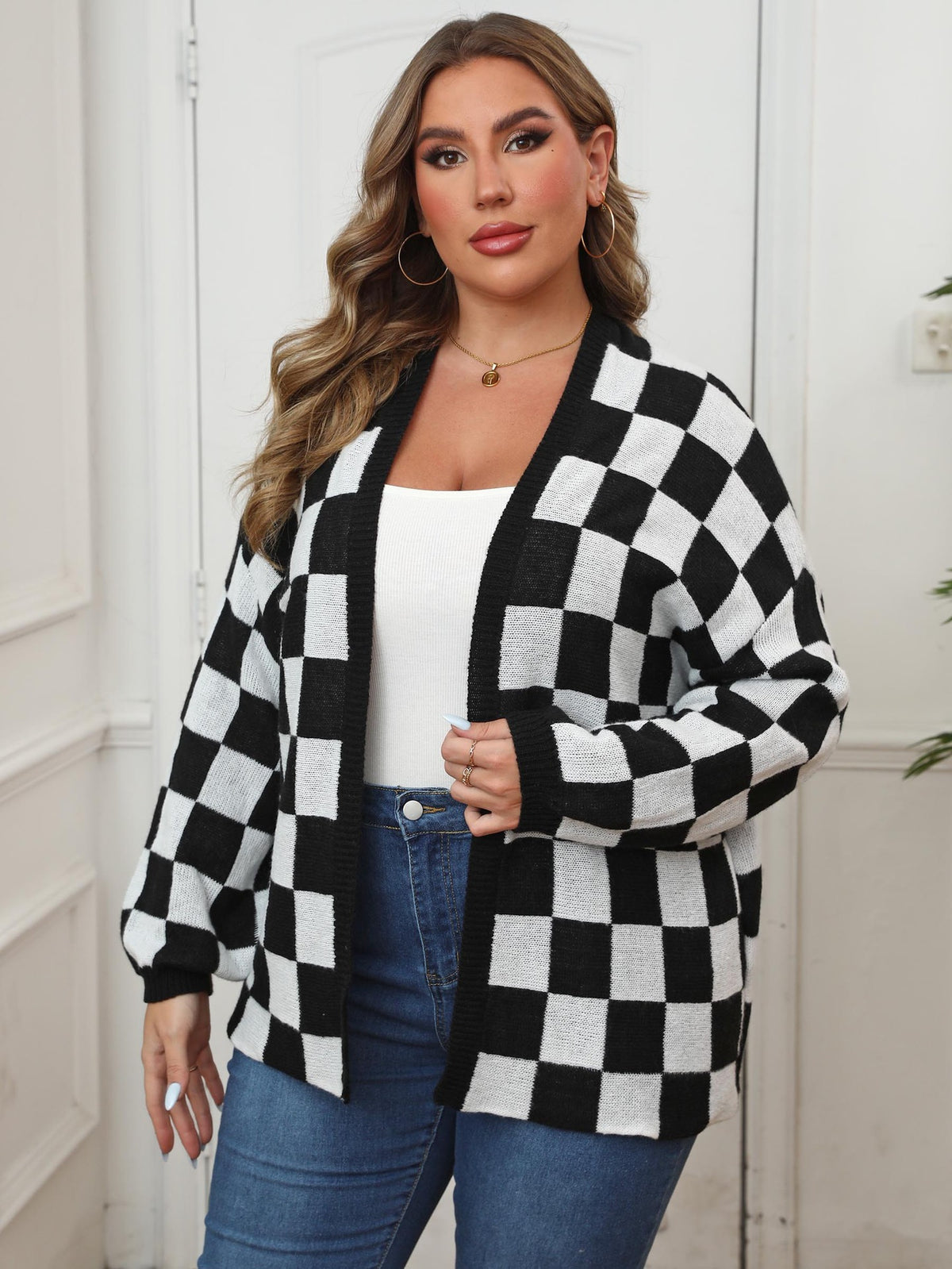 Orabelle Checkerboard Plus Size Open Front Cardigan