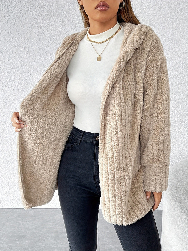 Margo & Main - tan hooded fleece jacket open front detail over a white tee, US women's sizes