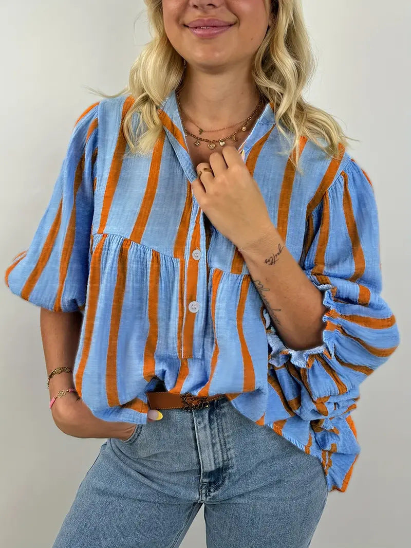 Margo & Main – Blue striped puff sleeve blouse, full front view, US women's sizes