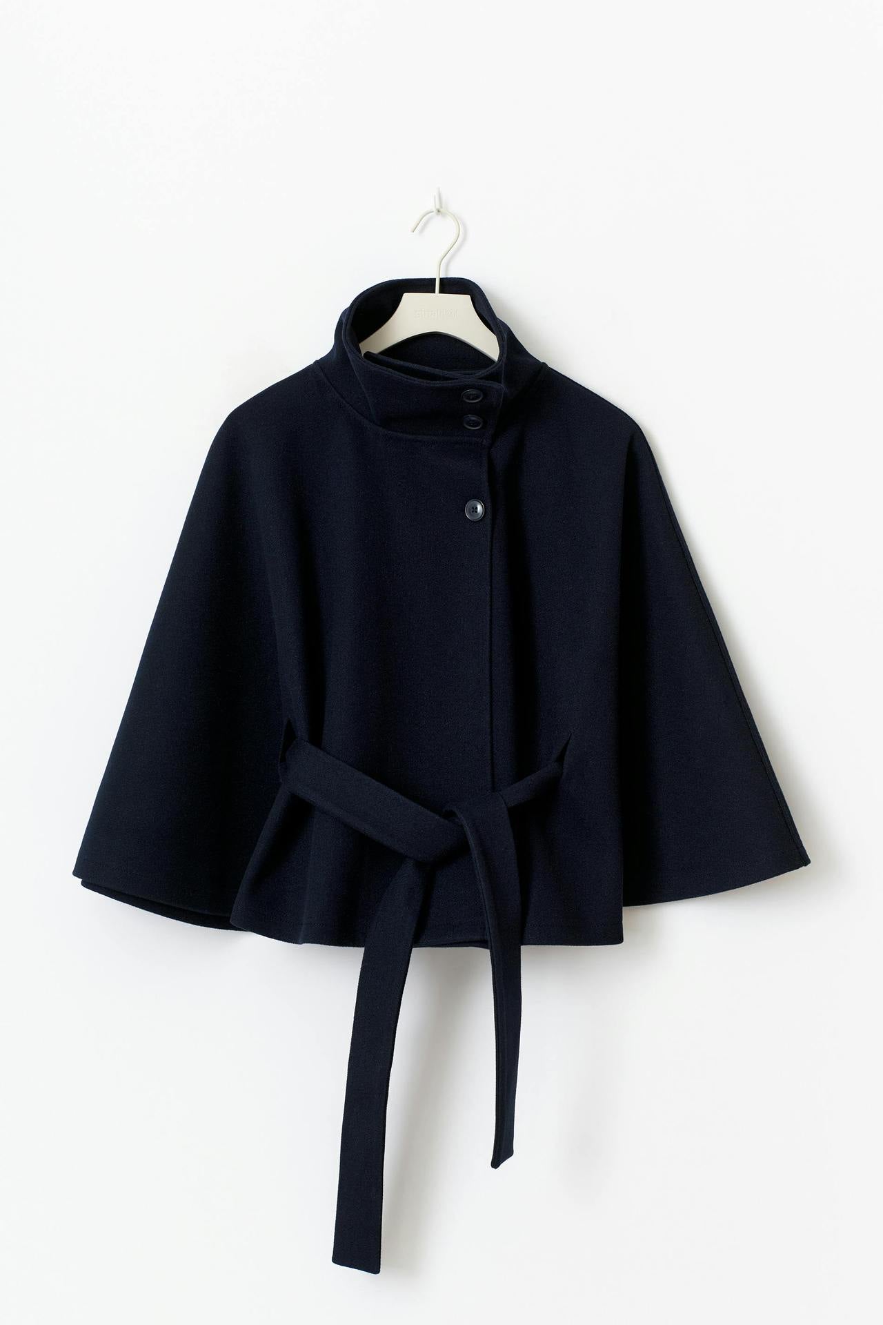 Margo & Main – Anneke navy button-front belted cape coat, hanger product shot with the belt tied, US women's sizes