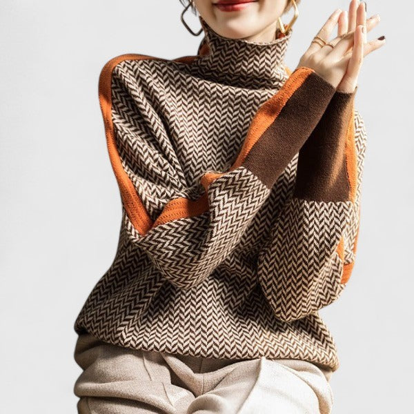Margo & Main - camel chevron knit high collar sweater sleeve contrast stripe view, US women's sizes