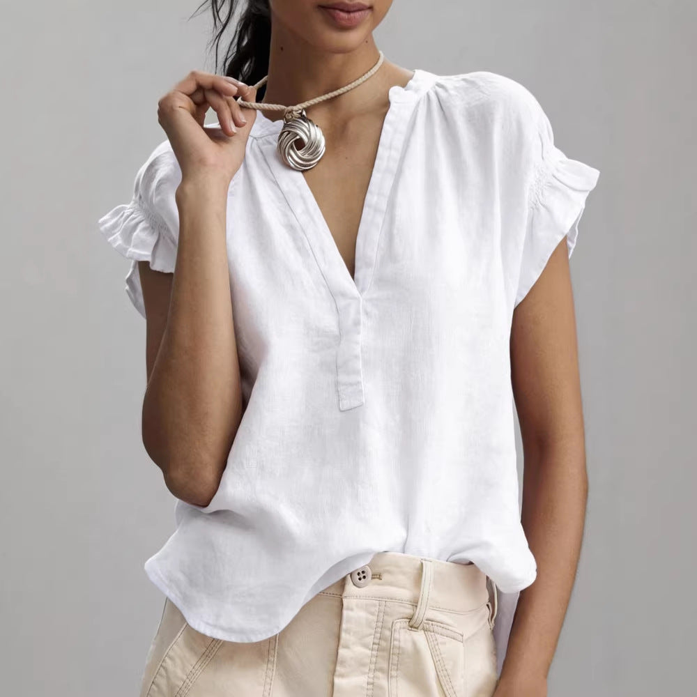 Margo & Main - white linen ruffle sleeve blouse worn over jeans, US women's sizes