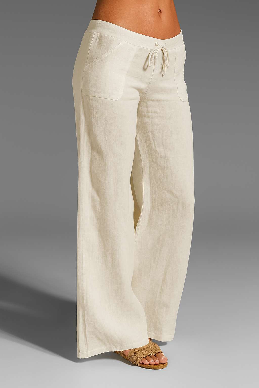 Margo & Main - beige wide-leg drawstring linen pants worn with sandals, US women's sizes