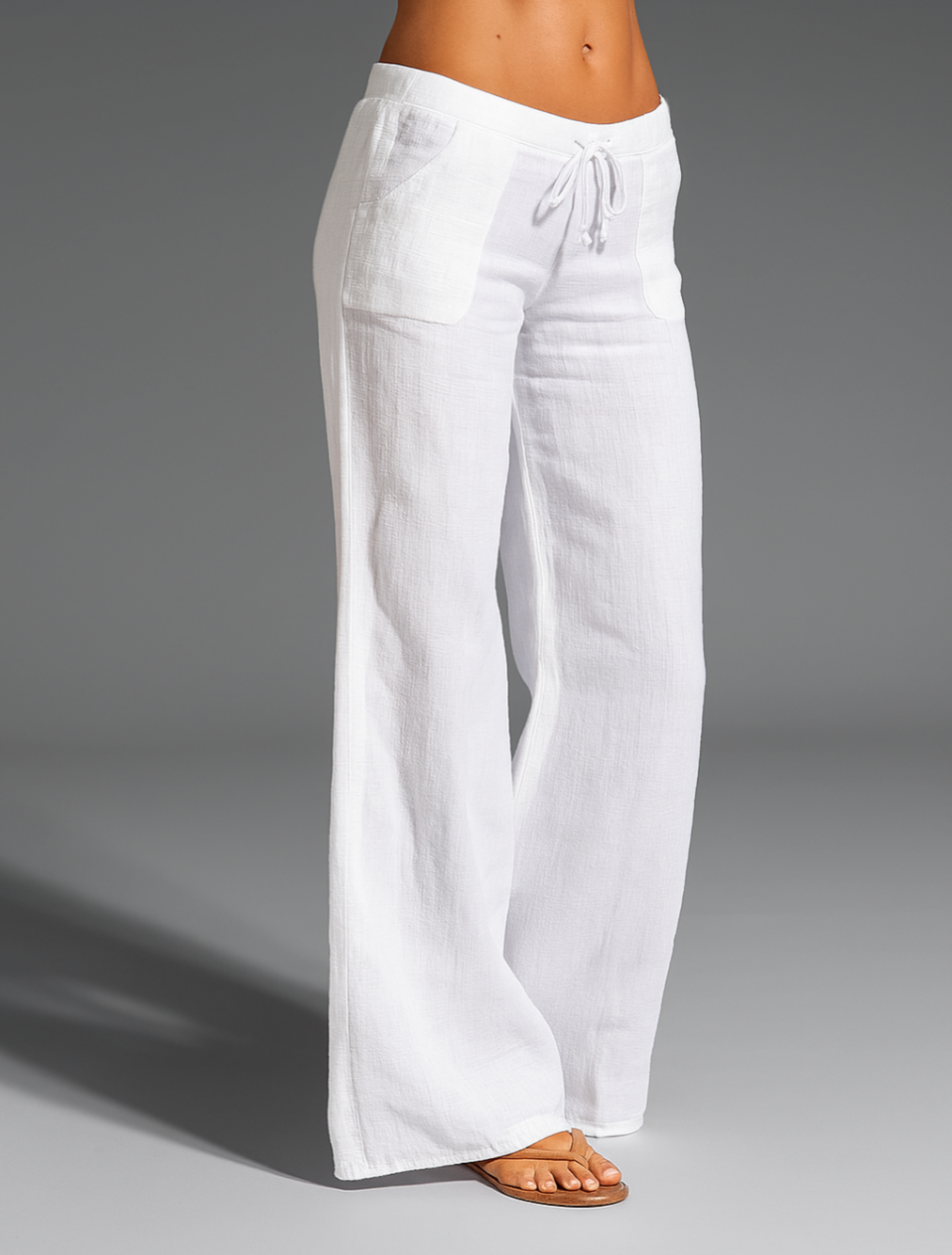 Margo & Main - white wide-leg drawstring linen pants, full front view, US women's sizes