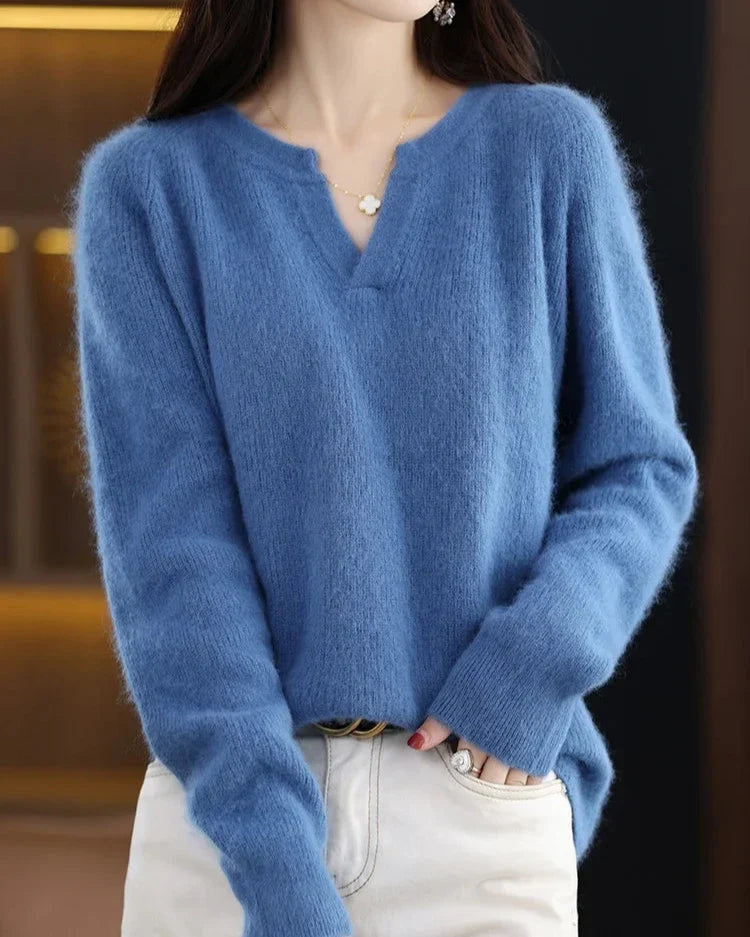 Margo & Main – blue brushed wool notch v-neck sweater styled front view, US women's sizes