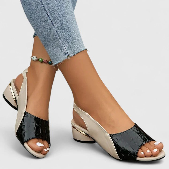 Margo & Main - black croc-embossed slingback block heel sandals worn, US women's sizes