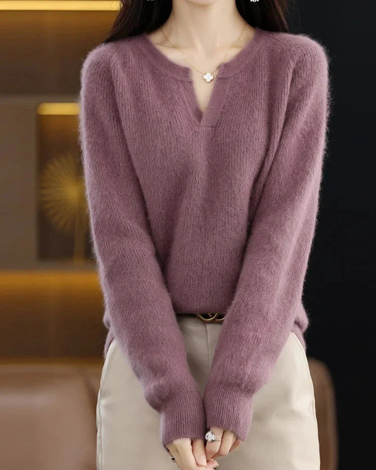 Margo & Main – mauve brushed wool notch v-neck sweater close front view, US women's sizes