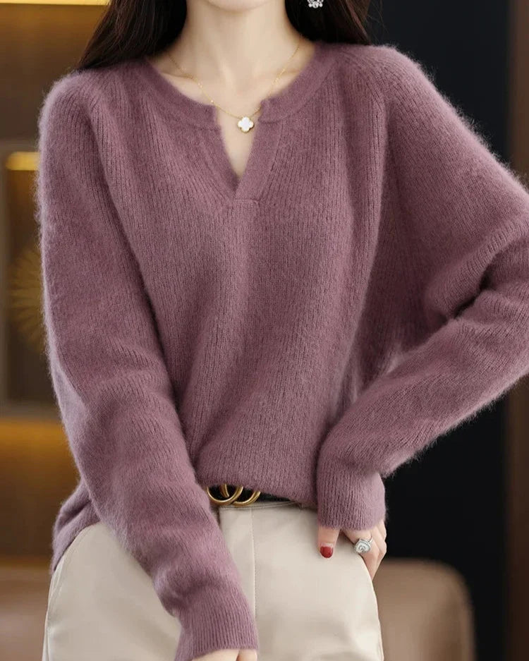 Margo & Main – mauve brushed wool notch v-neck sweater front view on model, US women's sizes