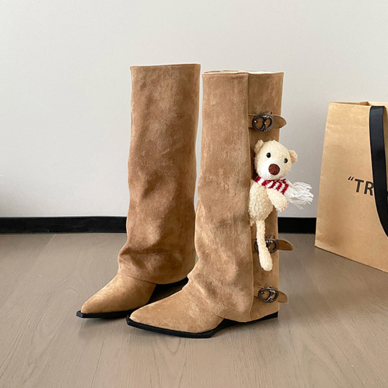Georgette Suede Fold-Over Buckle Knee-High Boots