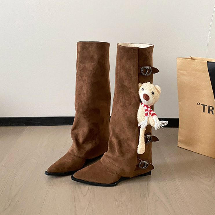 Georgette Suede Fold-Over Buckle Knee-High Boots