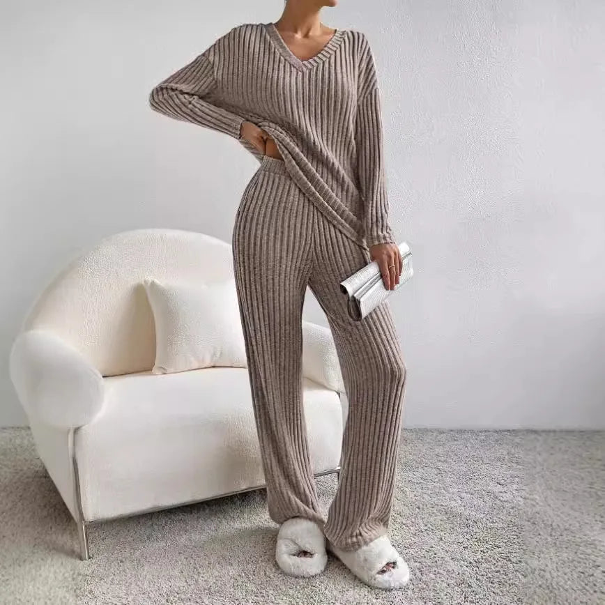 Margo & Main – light brown ribbed knit two-piece set styled with slippers, US women's sizes