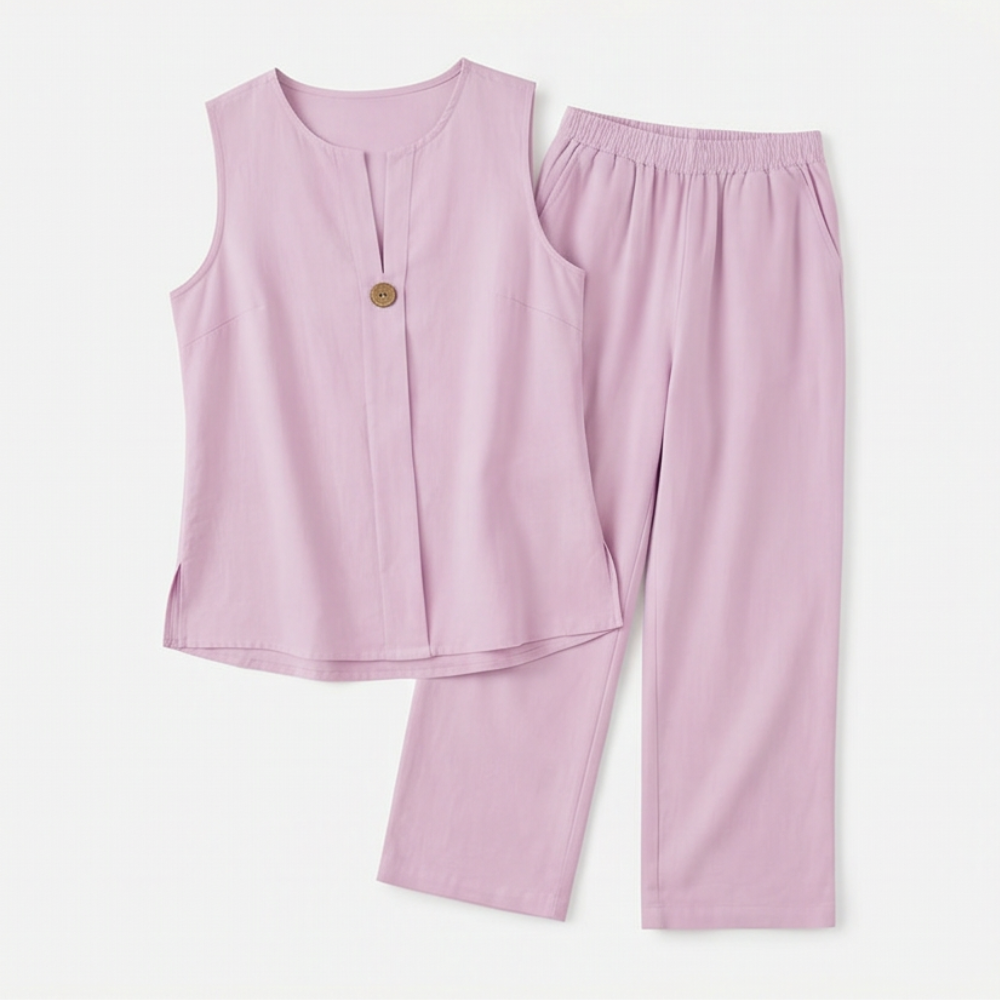 Margo & Main – Lunavia soft pink sleeveless top and wide-leg pants flat lay, US women's sizes