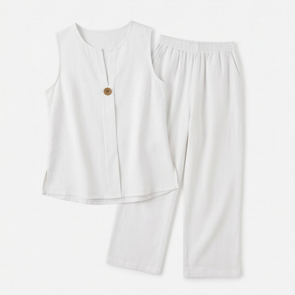 Margo & Main – Lunavia white sleeveless top and wide-leg pants flat lay, US women's sizes