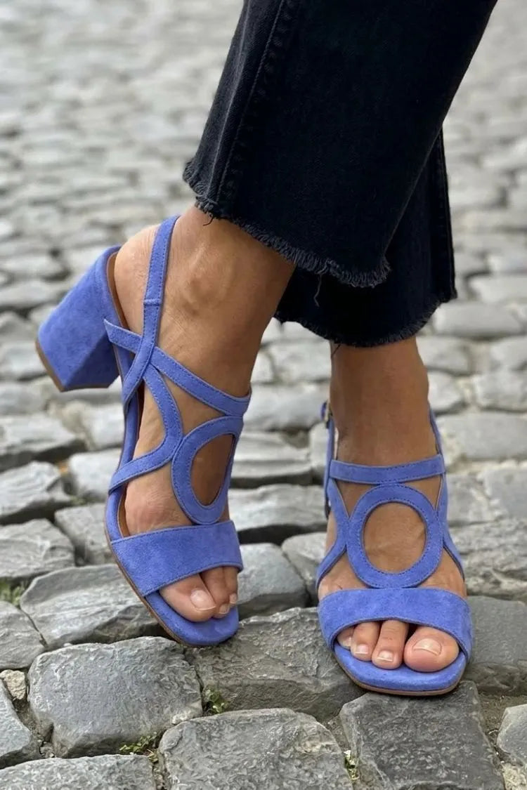 Margo & Main - periwinkle blue ring-cutout block heel sandals side view, US women's sizes