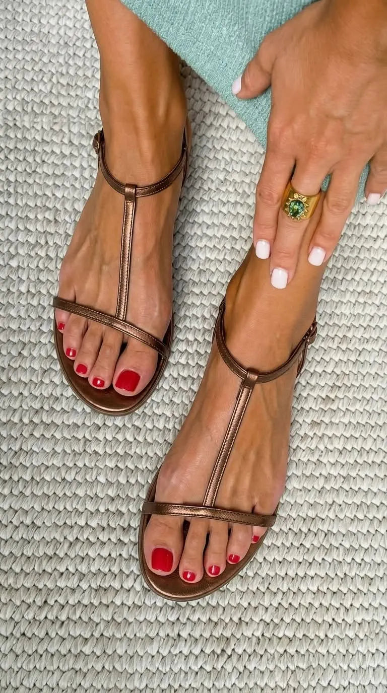 Giselle Metallic T-Strap Flat Sandals