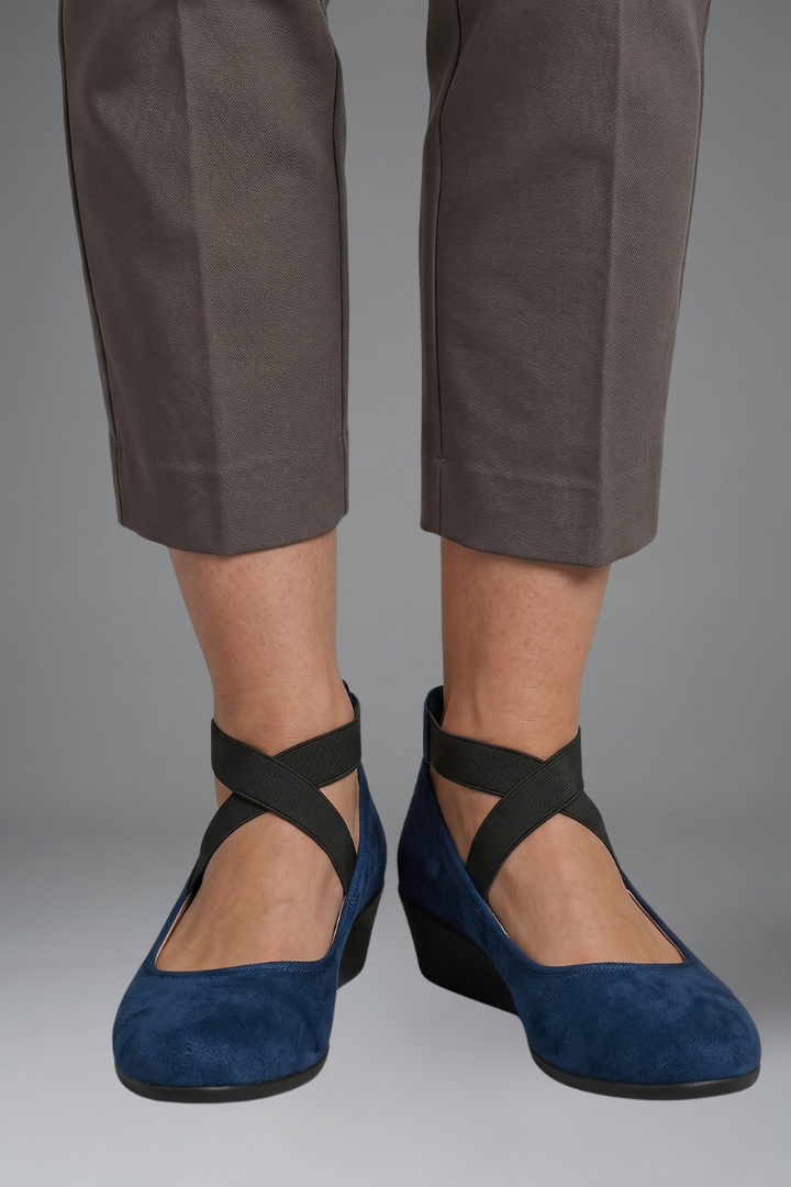 Margo & Main – Navy blue suede cross-strap low wedge comfort flats, US women's sizes