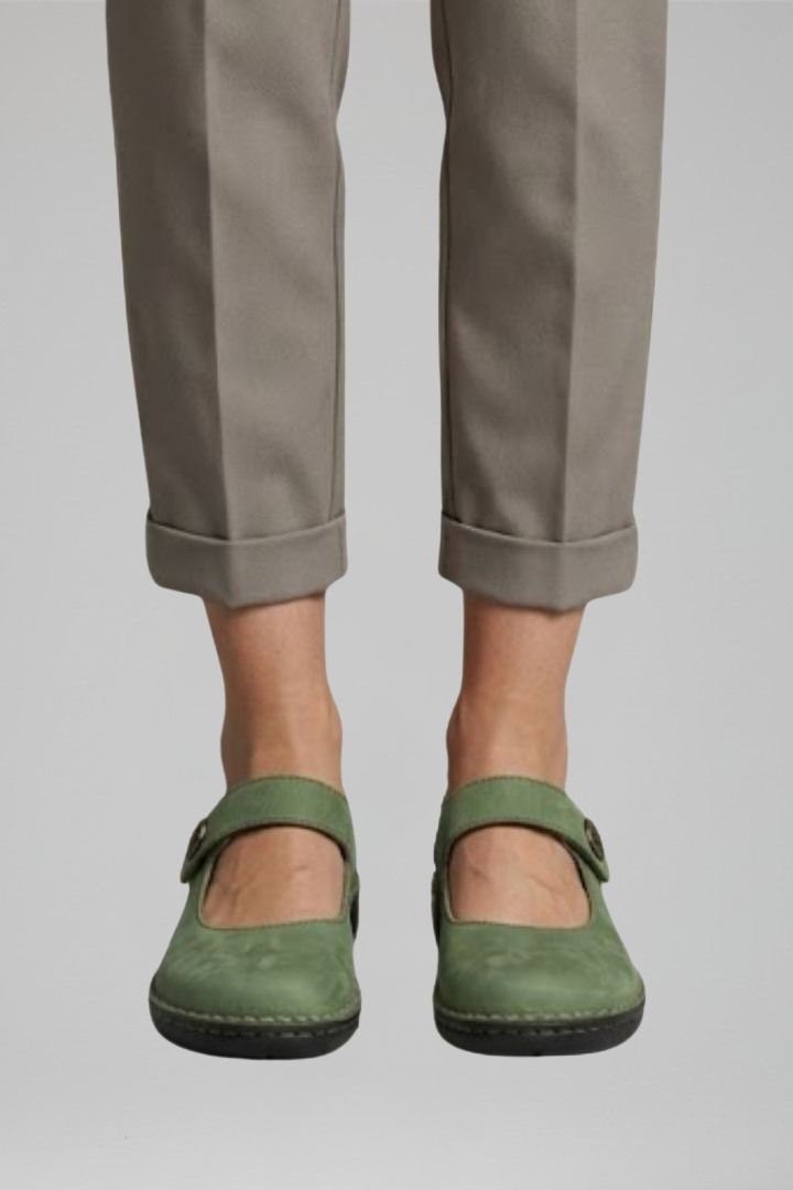 Margo & Main - sage green comfort Mary Jane flats worn with chinos, US women's sizes