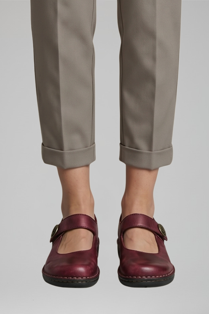 Margo & Main – Burgundy leather Mary Jane comfort flats, front worn view, US women's sizes
