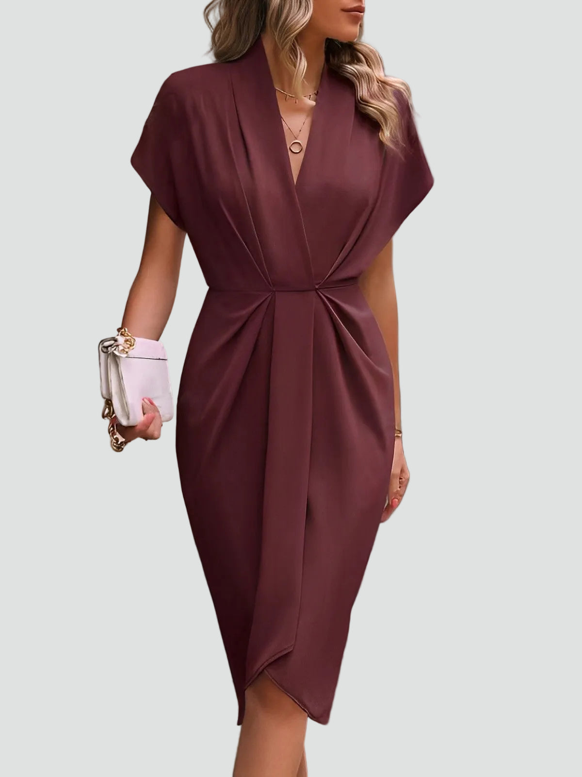 Margo & Main - rust wrap midi dress, ruched twist front detail, US women's sizes