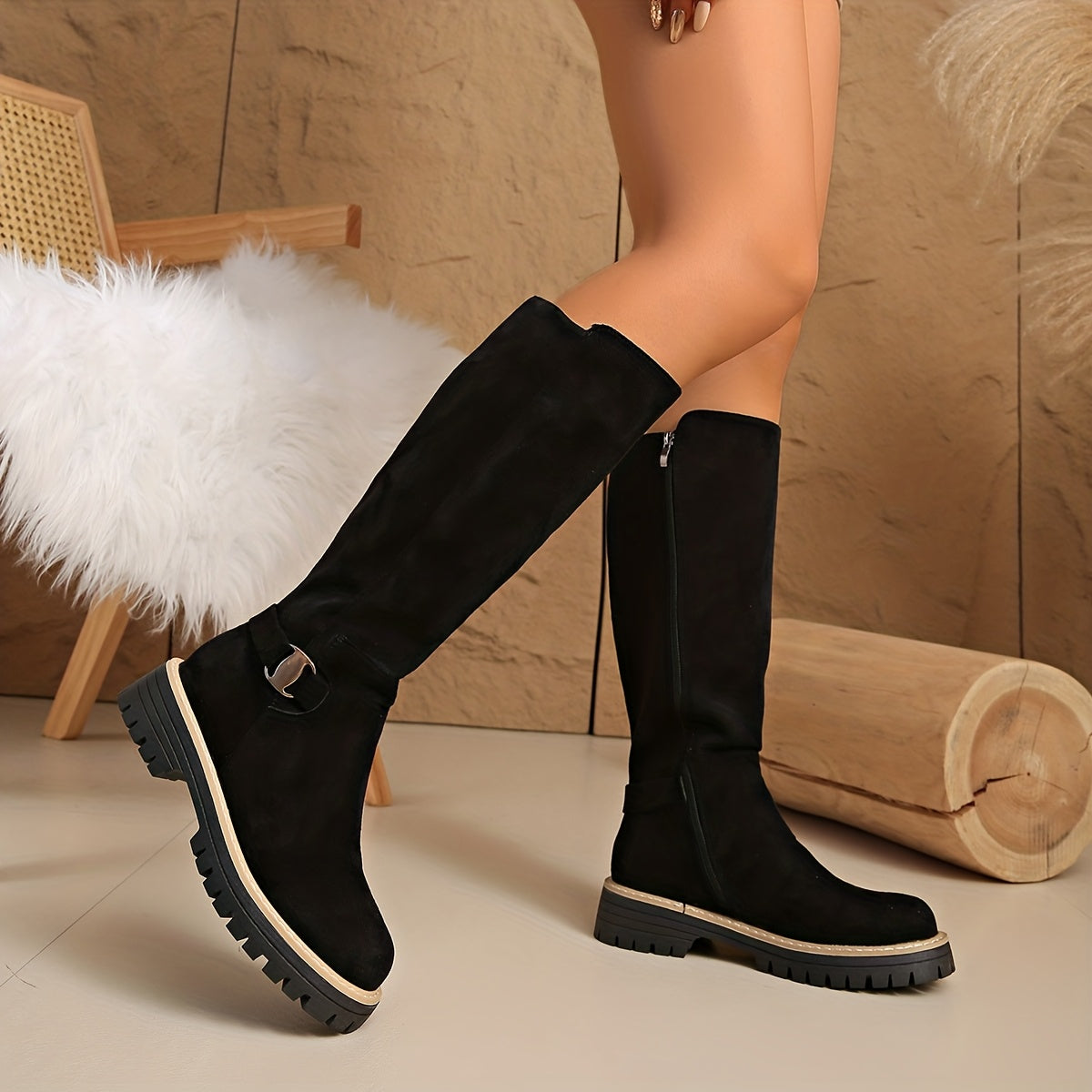Margo & Main – black lug sole knee high boots showing the treaded sole, US women’s sizes