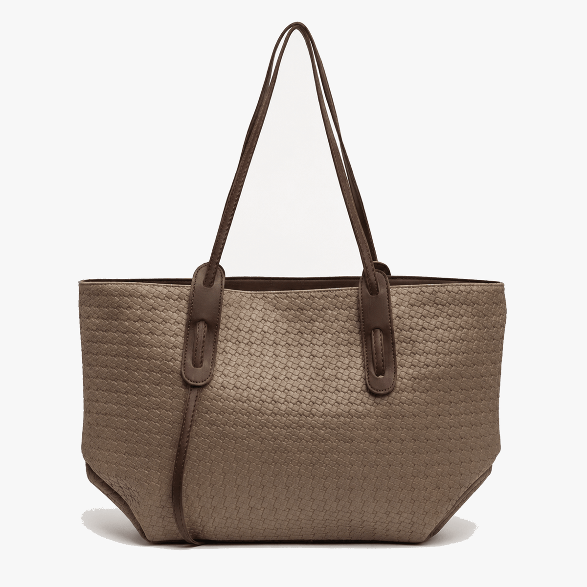 Margo & Main – Tessara tan woven shoulder tote, studio product view on a light background