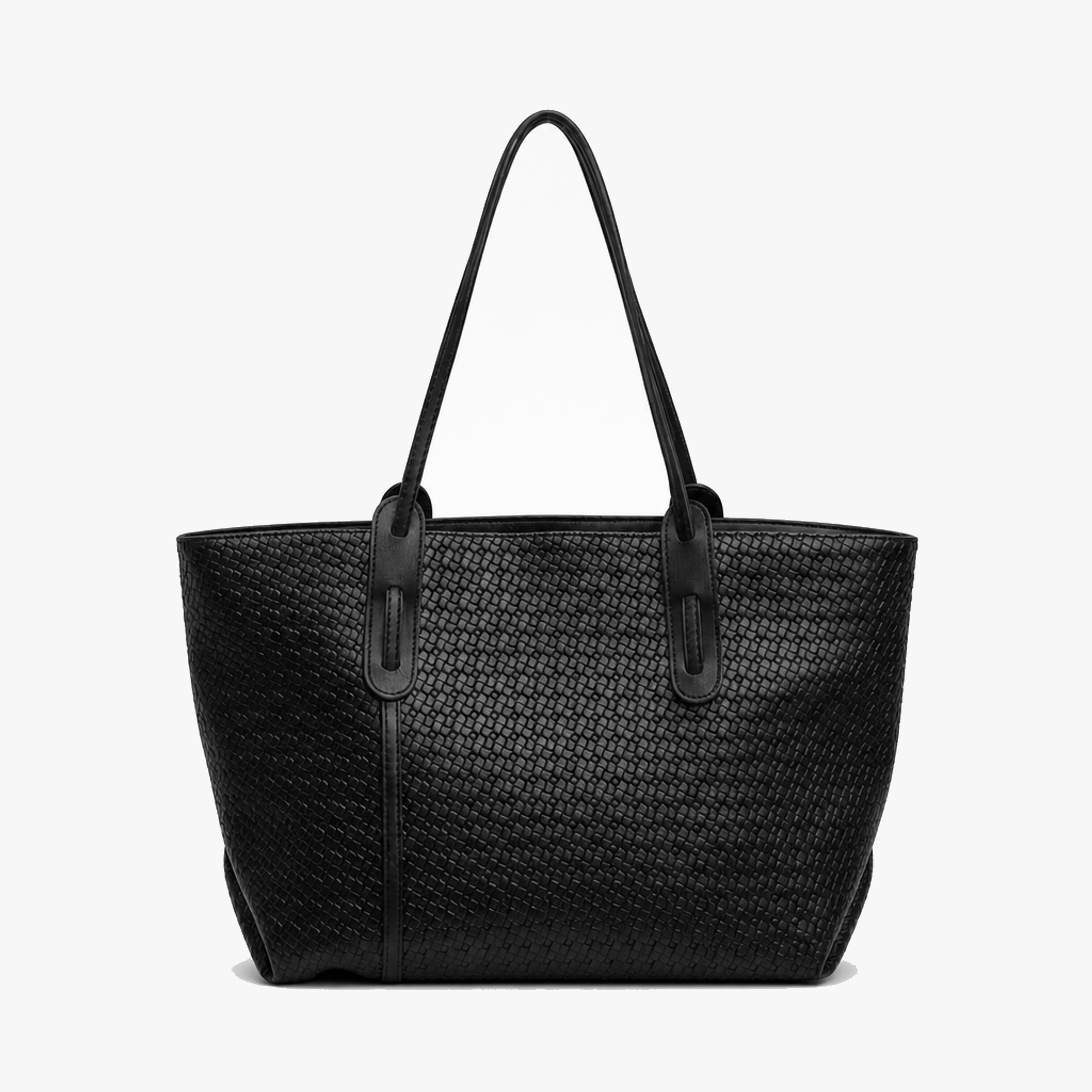 Margo & Main – Tessara black woven shoulder tote, studio view on a light background