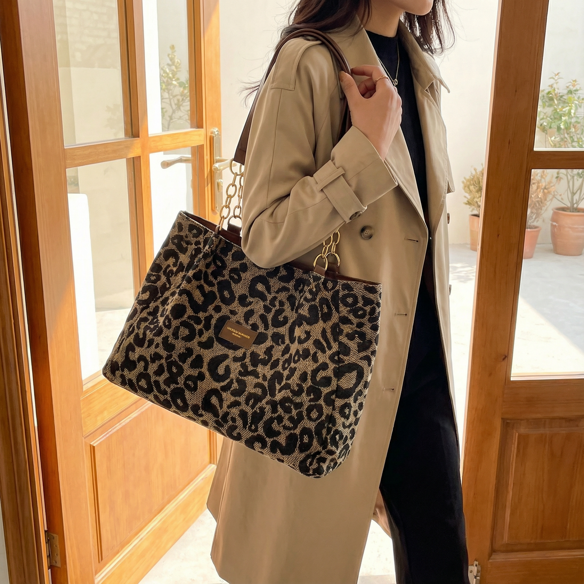 Margo & Main – Lynxe brown leopard canvas shoulder bag worn with a trench coat in a doorway