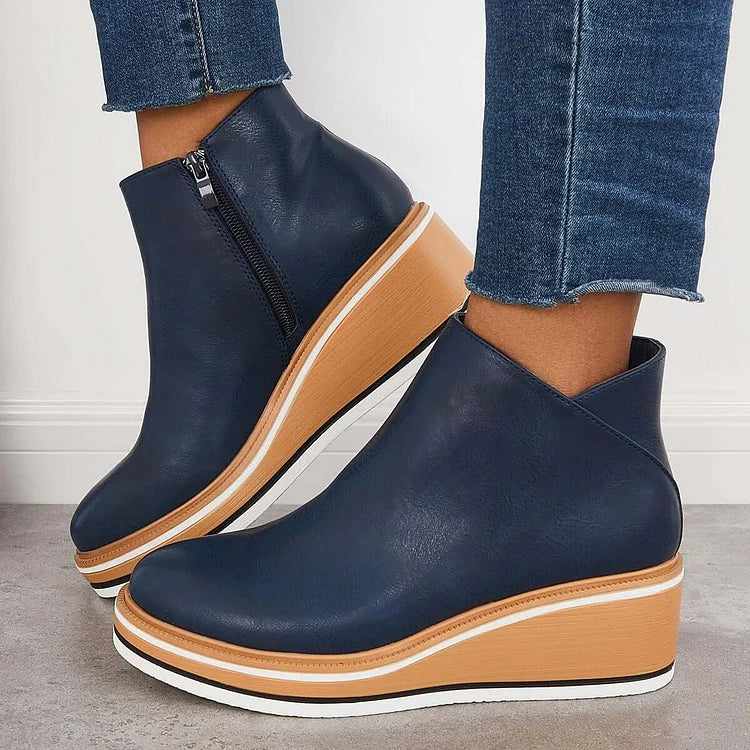 Margo & Main – Navy wedge platform ankle boots worn with cropped jeans, US women's sizes