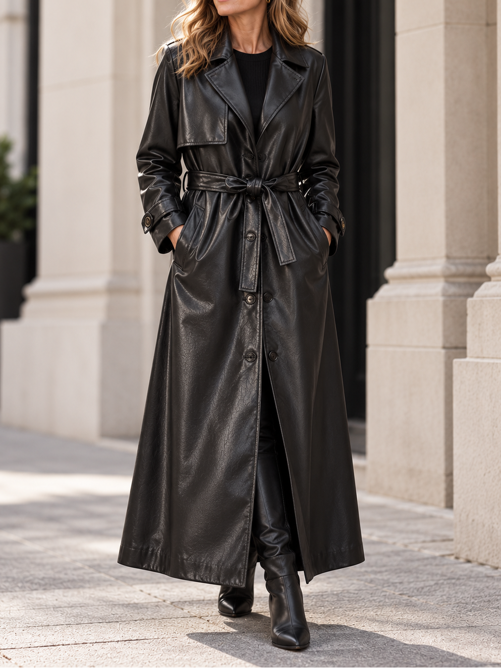 Maeve Belted Faux Leather Long Trench Coat