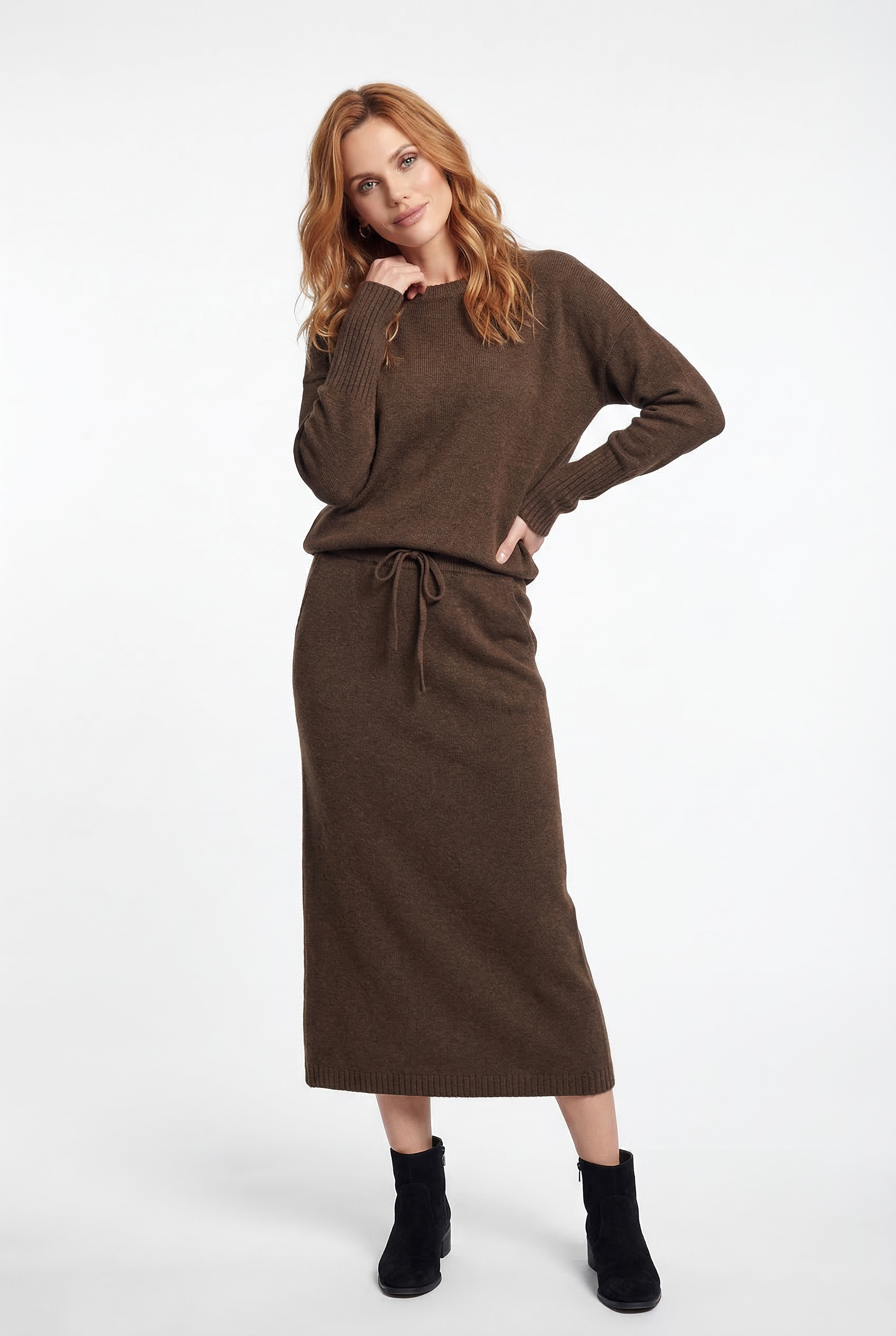 Margo & Main – brown knit skirt set worn as an everyday outfit, US women's sizes