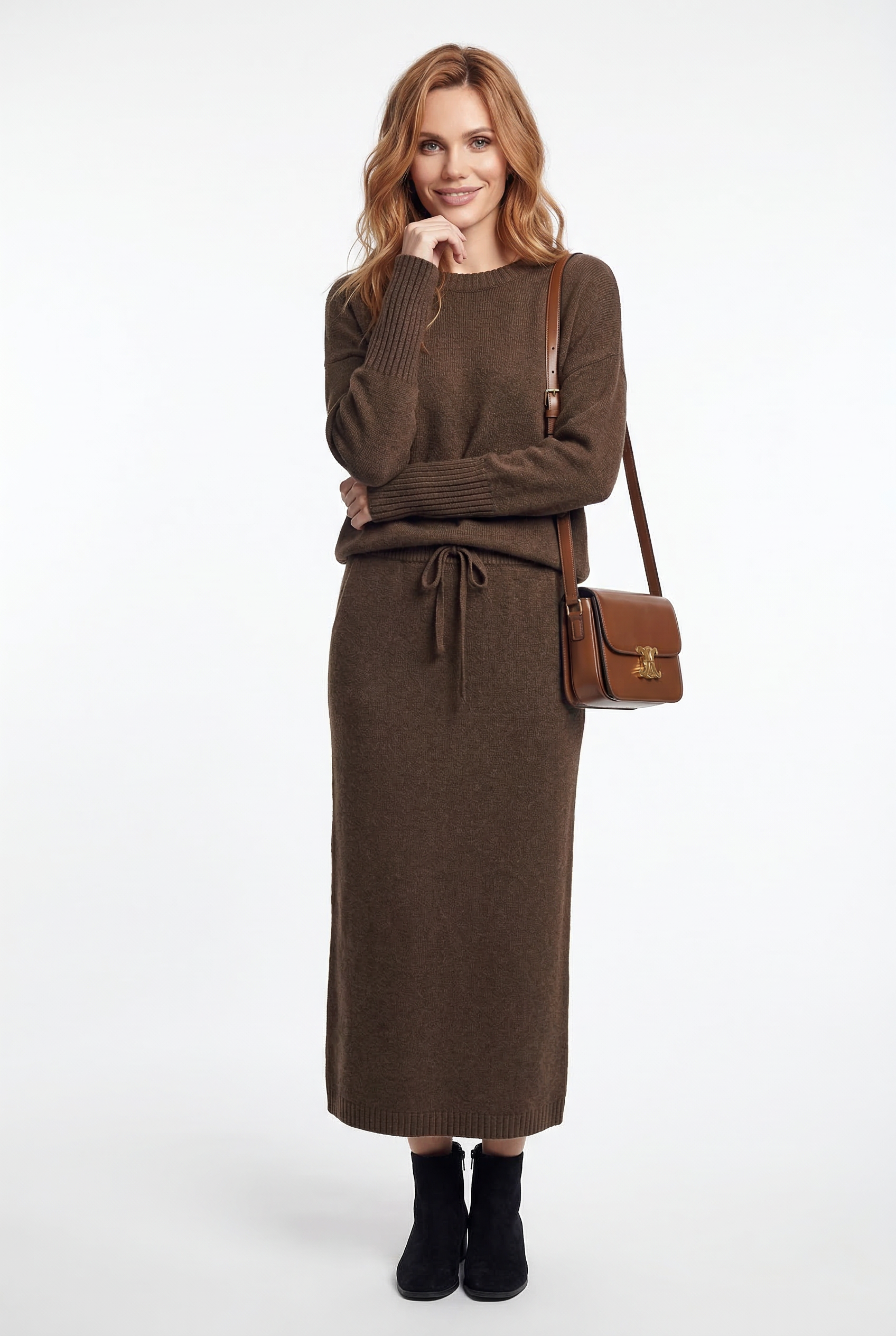 Margo & Main – brown knit skirt set full front view on the model, US women's sizes