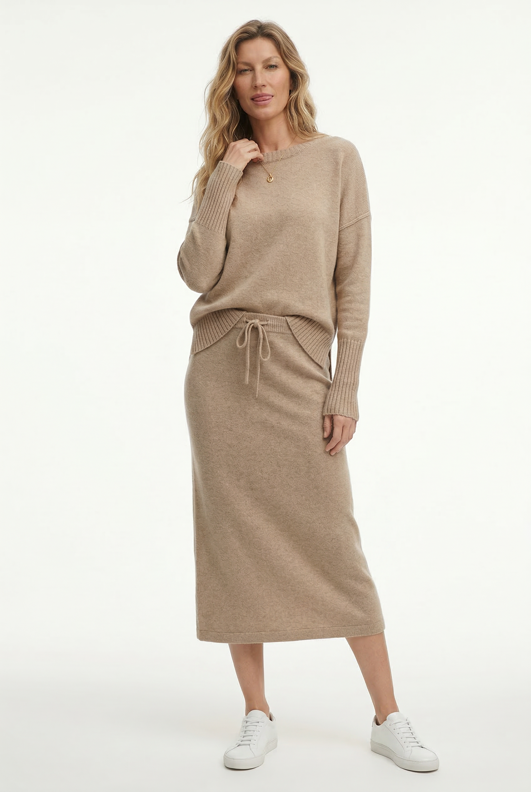 Margo & Main – tan knit skirt set shown from the front on model, US women's sizes