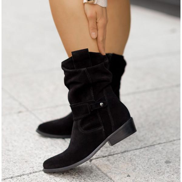 Margo & Main – black suede slouch boots side view with buckled ankle strap, US women's sizes