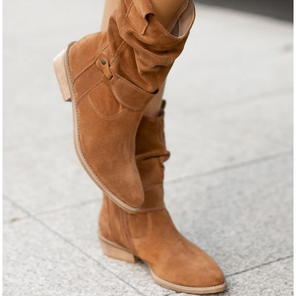 Margo & Main – cognac suede slouch mid calf boots front view with almond toe, US women's sizes
