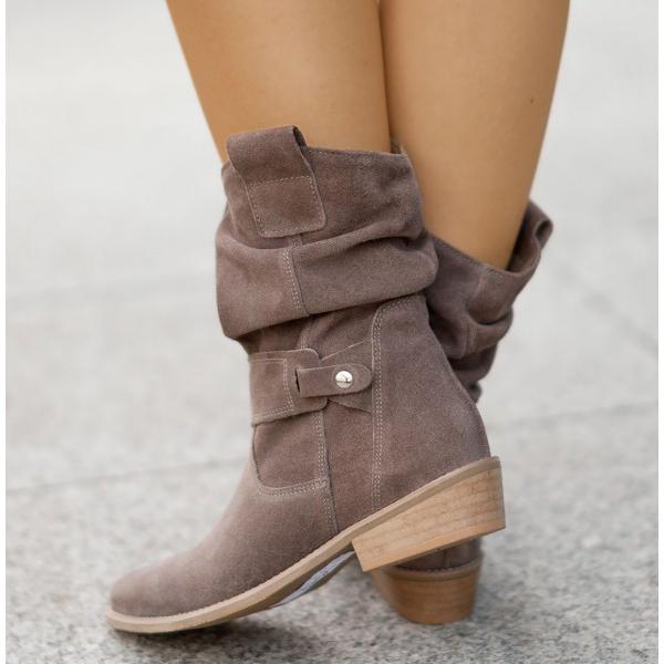 Margo & Main – taupe suede slouch mid calf boots colorway worn side view, US women's sizes