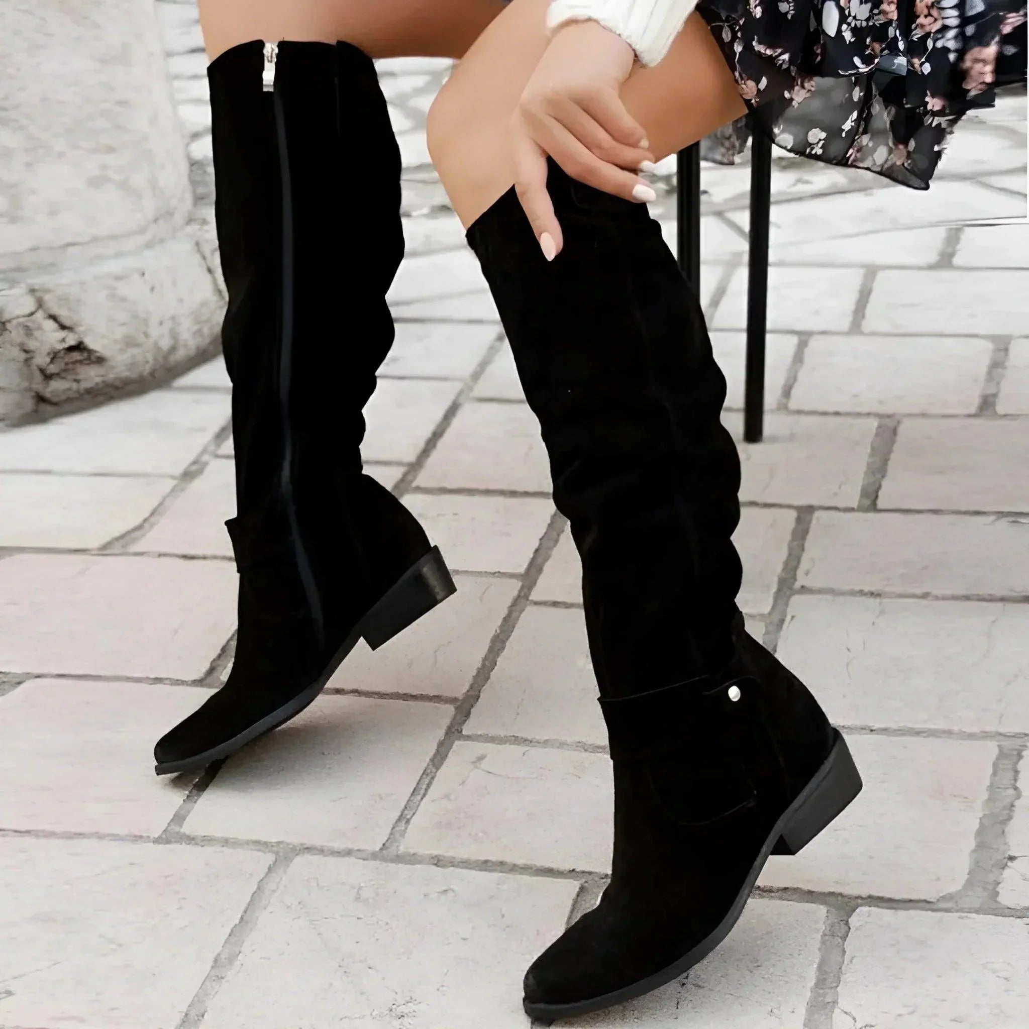 Margo & Main – slouched suede knee-high boots, styled view, US women's sizes