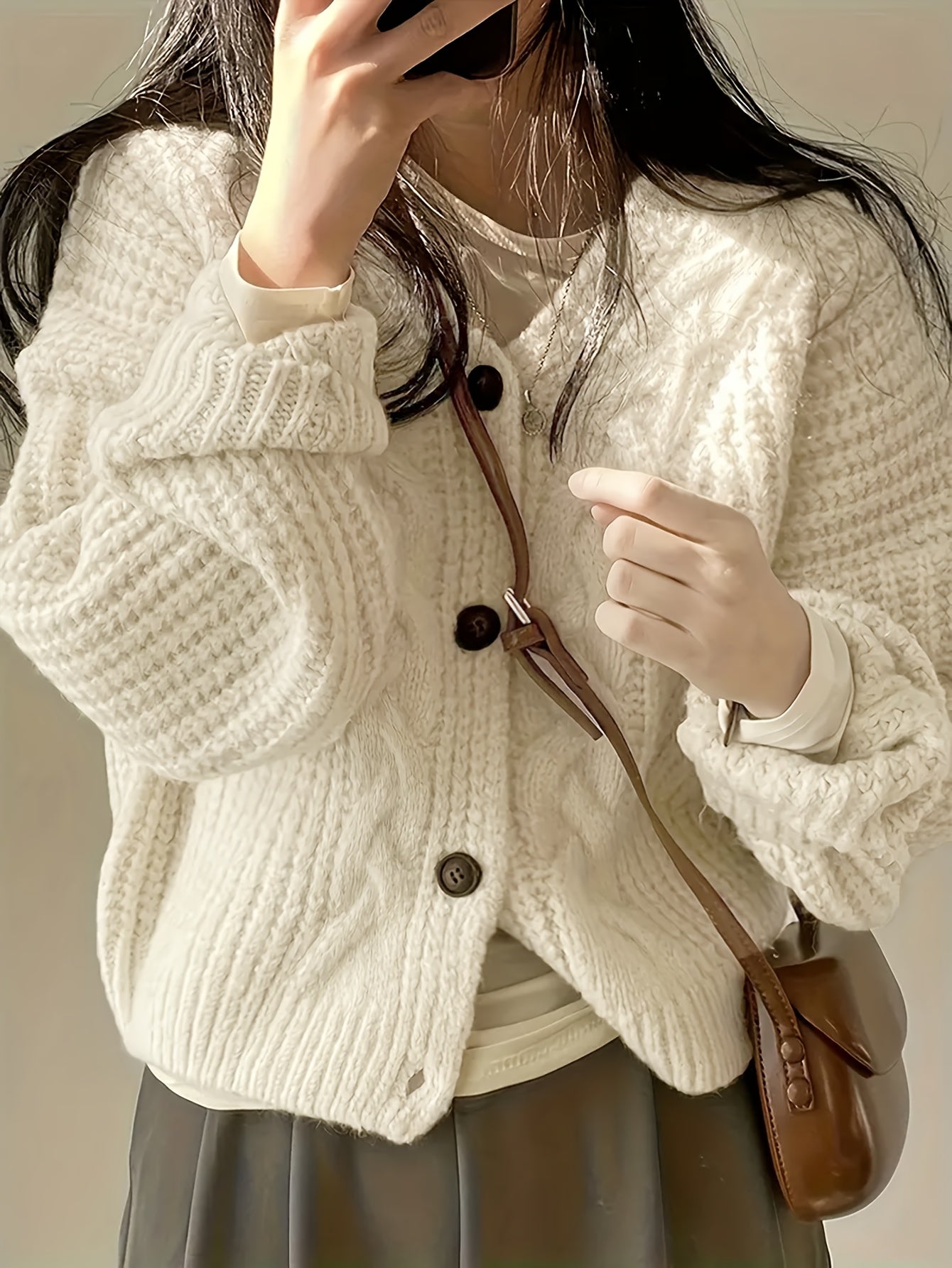 Margo & Main – cream chunky cable knit button cardigan worn styled lifestyle view, US women's sizes