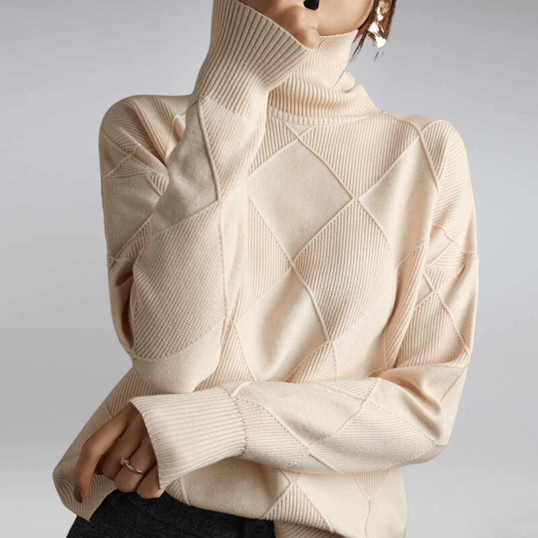 Margo & Main – cream diamond knit turtleneck sweater full front view, US women's sizes