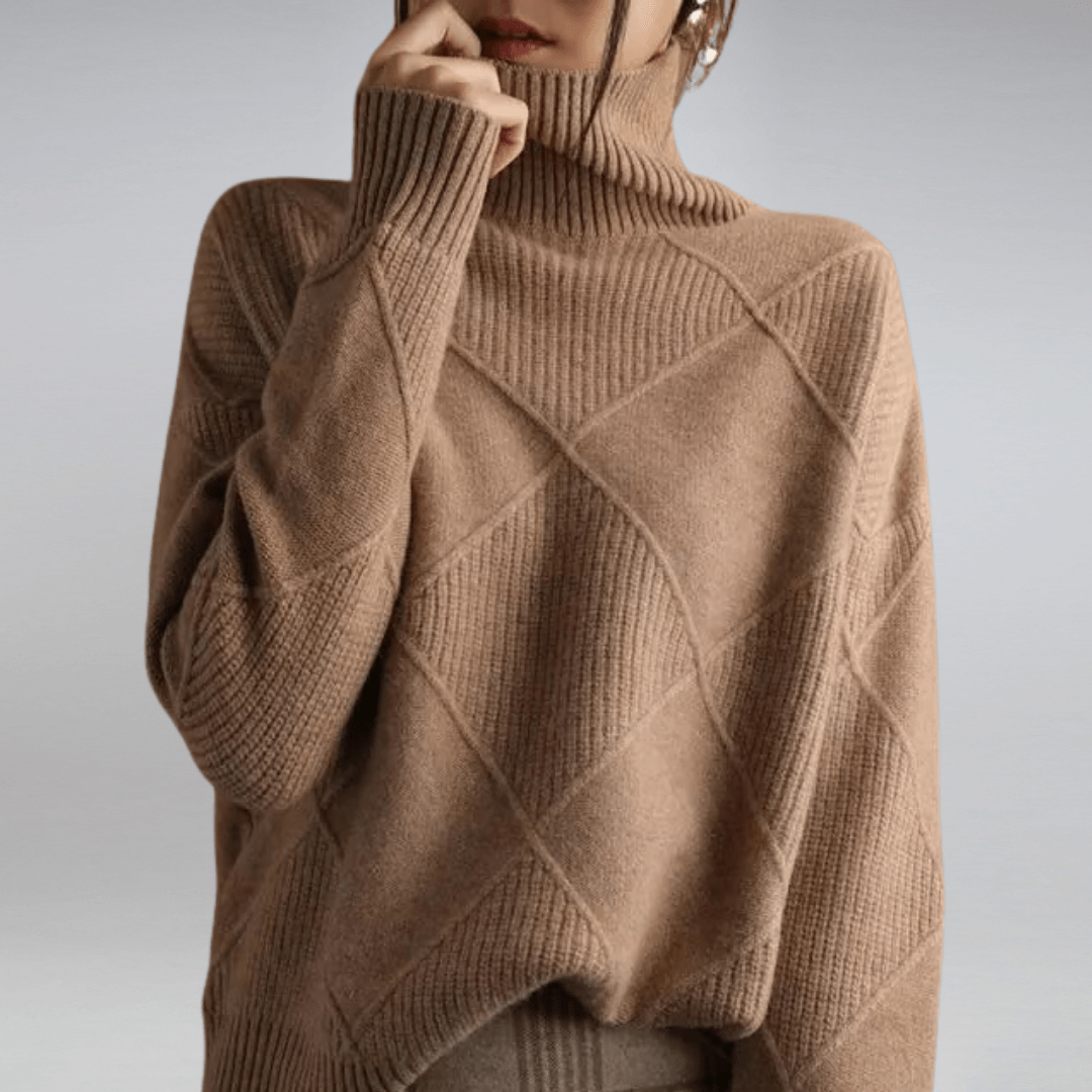 Margo & Main – cream diamond knit turtleneck sweater camel colorway front view, US women's sizes