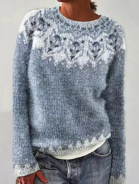 Margo & Main – gray Fair Isle yoke crew neck sweater light blue colorway view, US women's sizes
