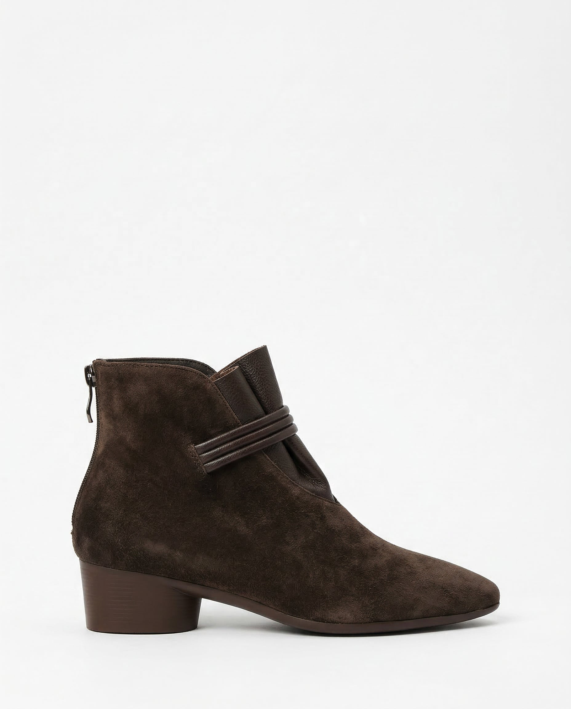 Margo & Main – coffee suede ankle boots side profile view of the boot, US women's sizes